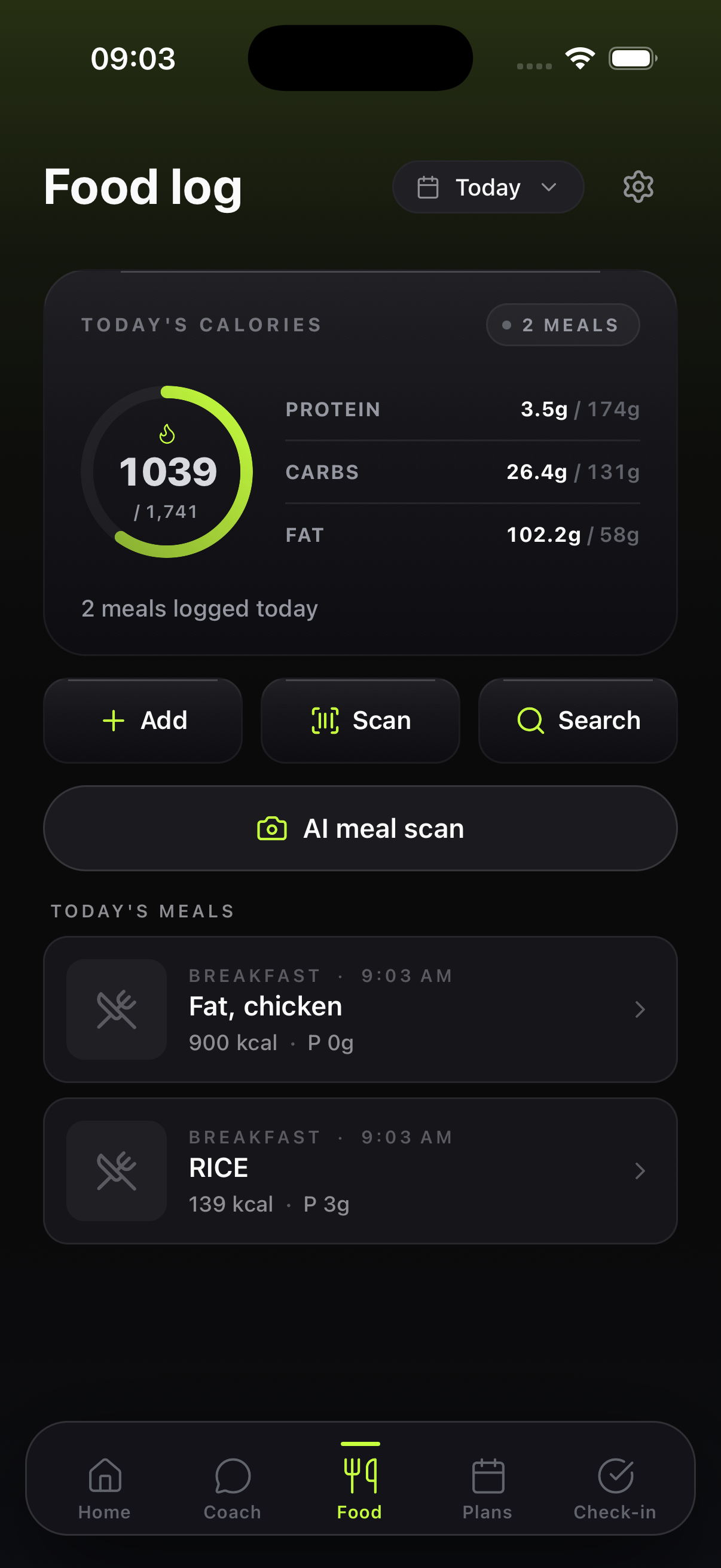 Stackdd food log — calorie ring, macros and logged meals