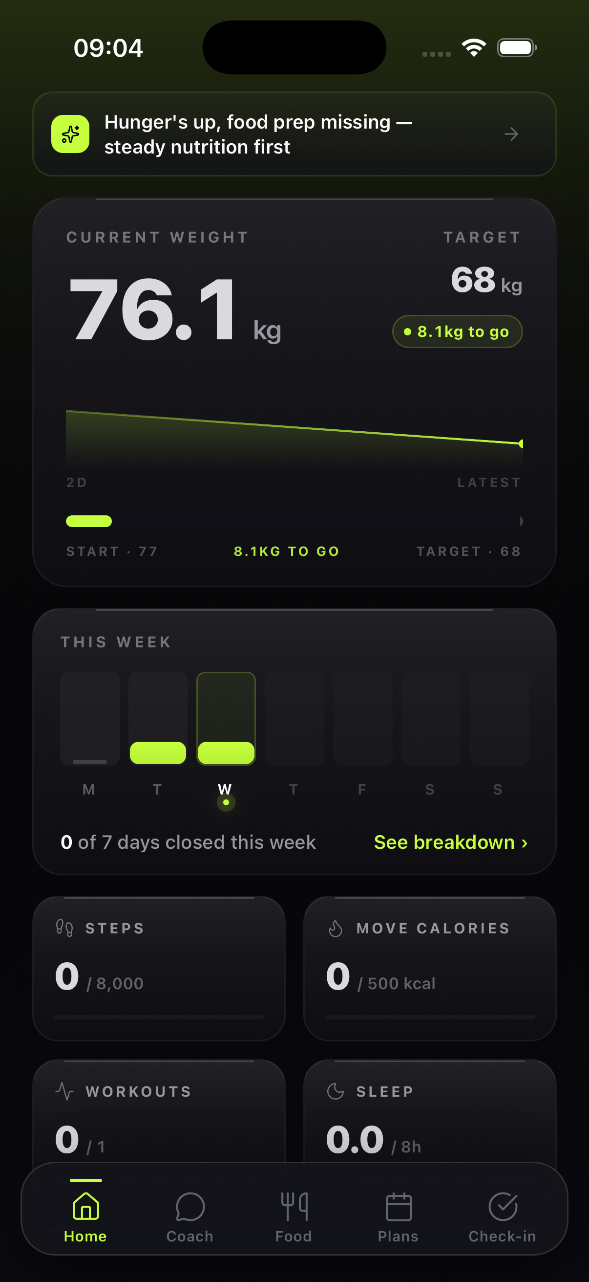 Stackdd home — weight 76.1kg toward 68kg, weekly bars, steps, move calories, workouts and sleep
