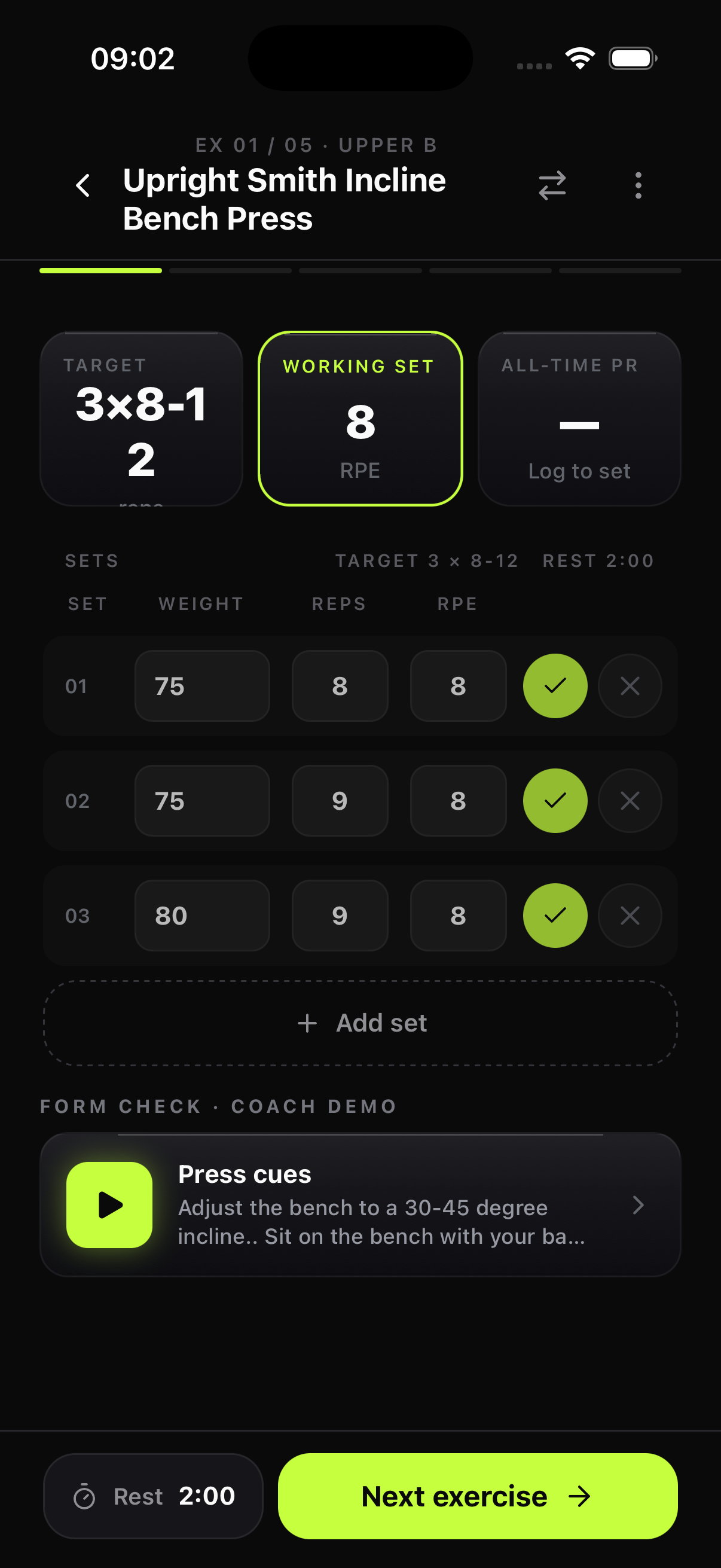 Stackdd workout logging — incline bench press, sets with weight, reps and RPE